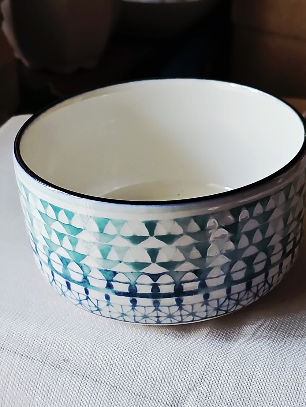 Large White Ceramic Serving Bowl in Aqua and Blue Geometric Pattern